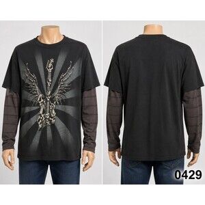 Y2K Hybrid Tees Faux Layered Skull Guitar T-Shirt sz L Striped Mallgoth- 0429